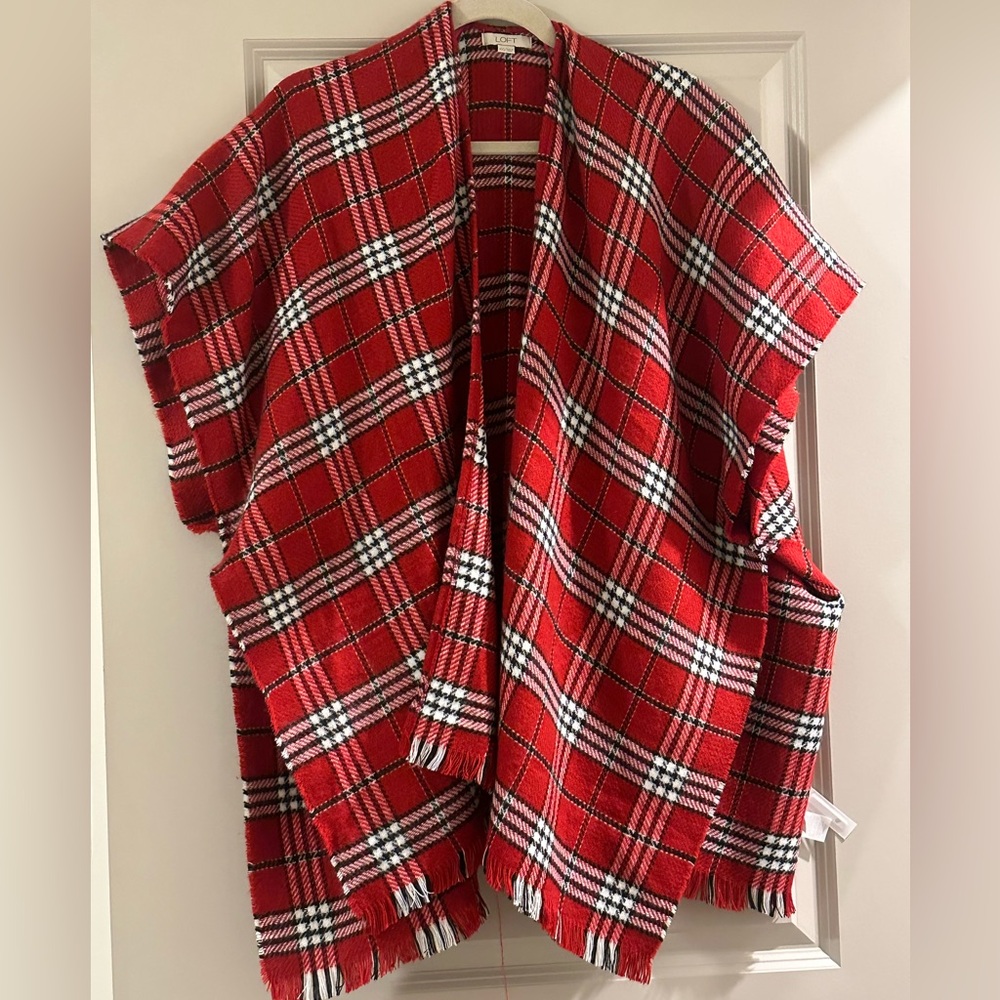 LOFT RED PLAID FRAYED PONCHO